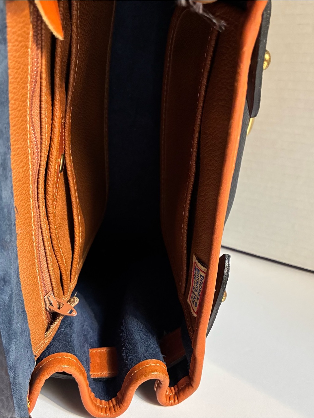 Vintage 80’s Dooney & Bourke Black Pebbled Leather Satchel with Brown Trim Navy - Picture 15 of 15
